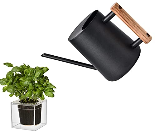 1L Schwarze Gießkanne für Zimmerpflanzen - Edelstahl Mit Langem Auslauf und Holzgriff für Kleinere Topfpflanzen, Außenpflanzen, Sukkulenten, Kräutergarten, Blumen