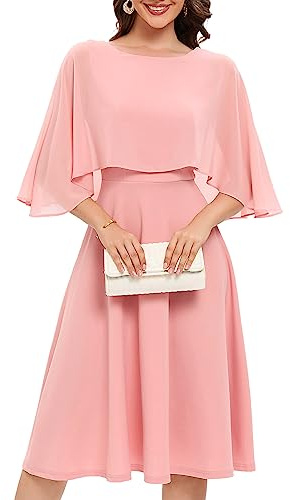 Fynadressr Women's Pink Italian Bridesmaide Prom Cape Dress with Chiffon Overlay Cocktail Party Wedding Guest Formal Dresses Blush L