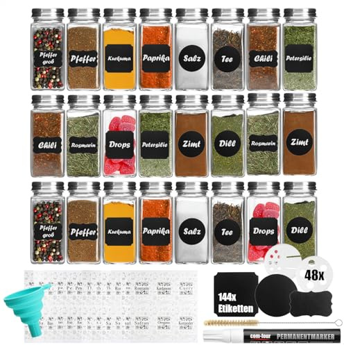com-four® 24x Tarros de Especias con Accesorios - Control de Especias de Vidrio 120 ml, Accesorios para rociadores, Cepillo, Embudo, Etiquetas, bolígrafo (24 piezas de vasos con accesorios)