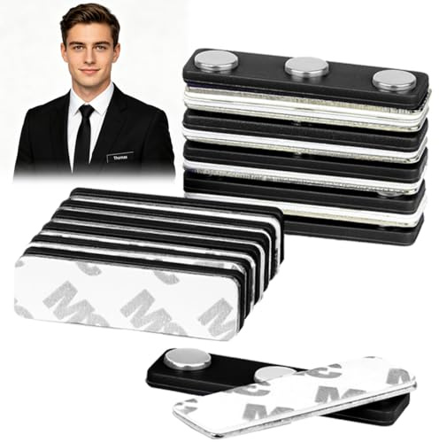 Namnskyltar magnet (12-pack) | Magnetisk namnskyltshållare med starka neodymmagneter & 3M självhäftande tejp | ID-kortshållare & namnbrickor för kläder | Märkesmagneter utan hål, 45x15mm, Svart