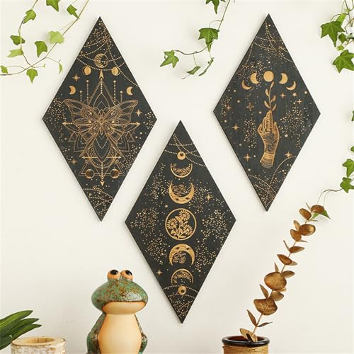 Ueiwffzo Mondphasen Wanddeko Mandala Holz Boho Wand Deko Wanddekoration Kunstdekoration Wandbehang für Schlafzimmer Esszimmer Wohnzimmer Büro Küche Korridor (A+B+C)