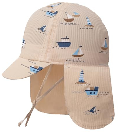 Gifts Treat Chapeau de Soleil pour garçon 100% Coton,Chapeau de Plage pour bébé avec Protection de la Nuque,Essentiels de Plage d'été pour bébé,Bateaux Marron,1-3 Ans