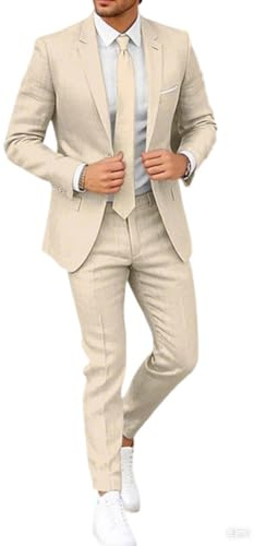 Botong Traje de lino ajustado para hombre, conjunto de pantalones blazer con un botón, traje de verano para la playa y boda, beige, 54