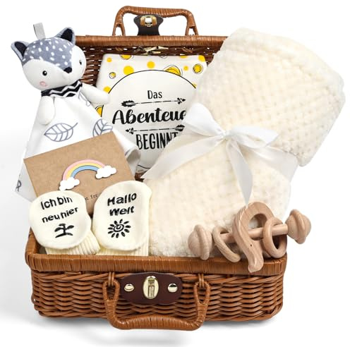 Neugeborenen Geschenk, 7-in-1Baby Geschenkset für Jungen Mädchen: Baby Decke,Schmusetuch, Holzrassel mit Elefant, Lätzchen,Socken in Geschenkbox|Baby Geburt Geschenk, Babyparty Idee-Beige