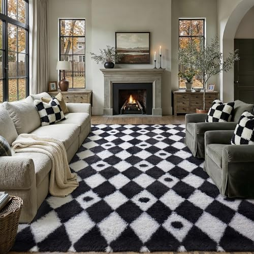 PureCozy Living Room Area Rug 8x10 Clearance Washable Non Slip Neutral Soft Bedroom Checkered Carpet Black and White Fluffy Modern Shag Fuzzy Indoor Large Aesthetic Home Office Playroom Nursery