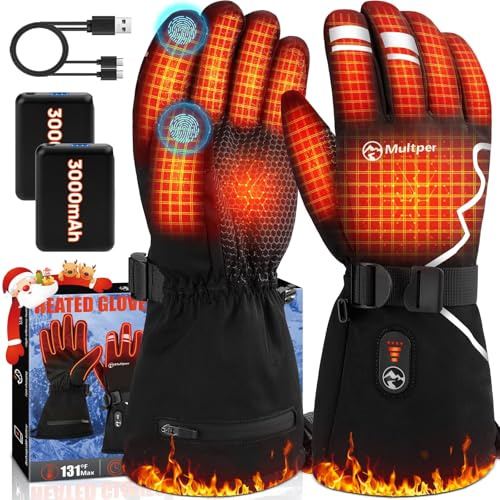 Multper Gants Chauffants Hommes Femmes, Gant Chauffant avec 7.4V 3000mAh × 2, 3 Niveaux de Chauffage, Imperméables, Écran Tactile, Gant Moto, Gant Hiver pour Hiver, Ski, Randonnée, Velo, Cadeau Homme