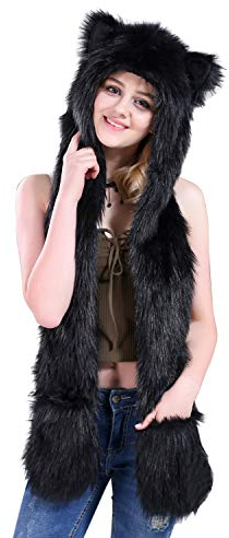 Petalum Damen Winter Warm Mütze Schal Handschuhe Set Kapuzen Handschuhe Warm Kapuzenschal Plüsch Tiere Bär Panda Wolf Paws Ohren Fellmütze