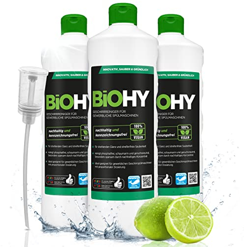 BiOHY Geschirrreiniger für gewerbliche Spülmaschinen (3 x 1 Liter) + Dosierer | Maschinenspülmittel für Geschirr | ergiebig, flüssig & phosphatfrei | für Gastro & Gewerbe | Spülmaschinenreiniger