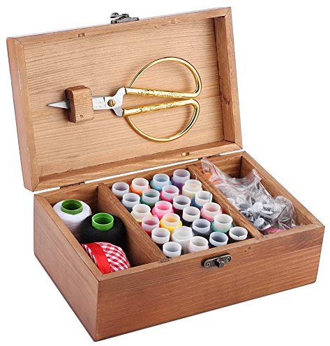 Scatola da cucito in legno con scomparti, scatola da cucito vintage Scatola da cestino da cucito con kit da cucito per accessori per attrezzi da cucito(With Sewing Kit)