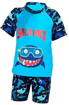 NautySaurs Zweiteiliger Badeanzug für Jungen UV Badeanzug Dinosaurier Hai Strandkleidung Badeshort Badeshirt Set, Tauchhai Blau, 11-12 Jahre