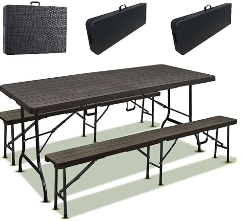 IZTOSS Tavolo da pranzo pieghevole con set di 2 panchine pieghevoli, tavolo da giardino esterno con panchine in plastica, rettangolare, pieghevole (tavolo+panchine nero) (ZDCZ)