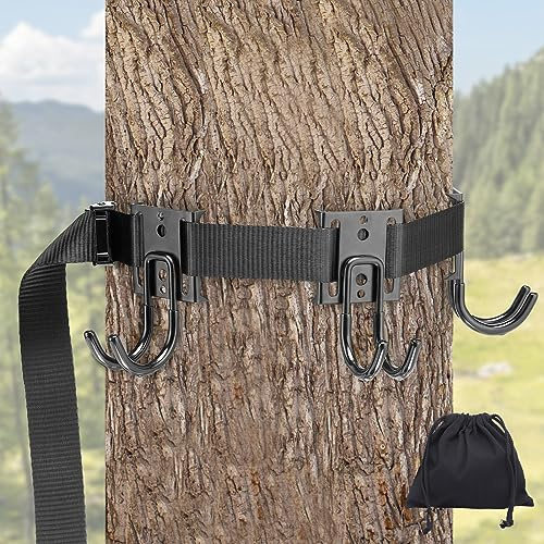 PAMASE Tree Stand Gear Hangers with 3 Metal Hooks - Thick Strap Bow Hanger for Hunting with Metal Buckle, Arrows Bag Archery Equipment Holder, Hunt Deer Treestand Saddle Accessory Kit