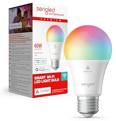 Sengled LED-Smart-Glühbirne (E27), für Matter und Alexa geeignet, mehrfarbig, entspricht 60 W, 800 LM, sofortige Kopplung, Matter-kompatible Plattform erforderlich, 2,4 GHz, WLAN, 1er-Pack