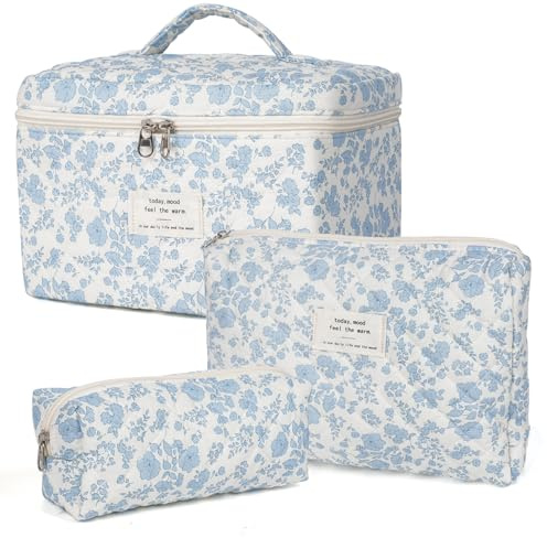 Makeup Bag,Quilted Cosmetic Bag,Large Floral Make Up Bag for Women,Cotton Makeup Bag Set,Flower Travel Toiletry Bag