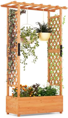 COSTWAY Jardinera Elevado con Enrejado de Arco, Techo Colgante, Macetero, Orificios de Drenaje, Contenedor Vertical para Plantas Trepadoras, Macetero de Madera para Jardín, Patio (110 x 44 x 182 cm)