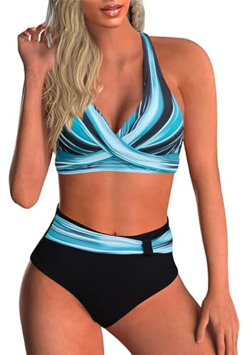 Baynetin Conjunto de Bikini Mujer Sexy de Dos Piezas Push Up Acolchado Retro Impreso Halter Backless Bikini Control de Vientre de Cintura Alta Traje de Baño (Rayas Azules, M)