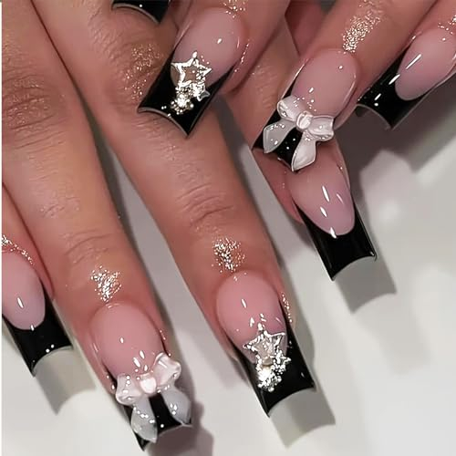 Goiern Faux ongles longs en acrylique, transparents, extra longs, pour femmes et filles, noirs