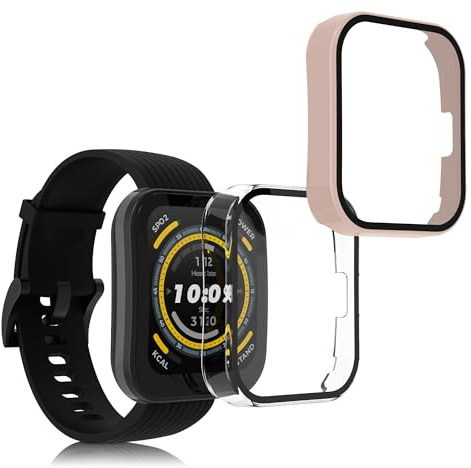 kwmobile fodral kompatibelt med Huami Amazfit Bip 5 fodral – 2 x härdat glas med plastram – genomskinlig/dammig rosa