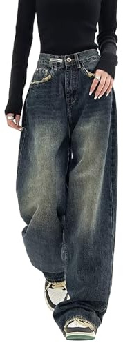 Jean Baggy pour Femme Jean Long Hip Hop Y2K Jean Droit Ample Jean Taille Haute Jean Bootcut avec Jambe Large Baggy Boyfriend Denim Streetwear Pantalon Cargo Look Usé Bleu Foncé (Color : Blue, Size :