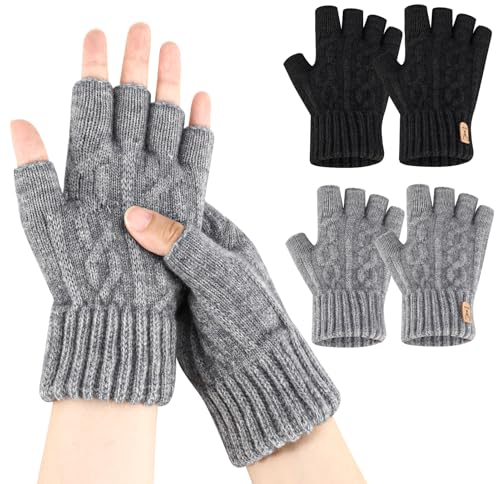 Lvefyti 2 Paare Thermisch Fingerlose Handschuhe, Damen und Herren Winter Thermisch Half Finger Strickhandschuhe, Warme Winterhandschuhe für Laufen Camping Klettern Outdoor Aktivitäten