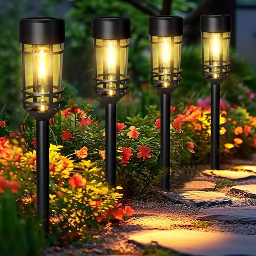 GIGALUMI Solar Lights Outdoor Garden 4 Pack, Waterproof Solar Powered Pathway Lights Outdoor, Tungsten Glow for Yard Path Patio Landscape Walkway（Warm White）