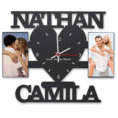 JeathFea Personalizzato Orologio da parete con cornice per foto di coppia, personalizzabile con foto, per soggiorno e camera da letto, da appendere alla parete, orologio in legno, regalo