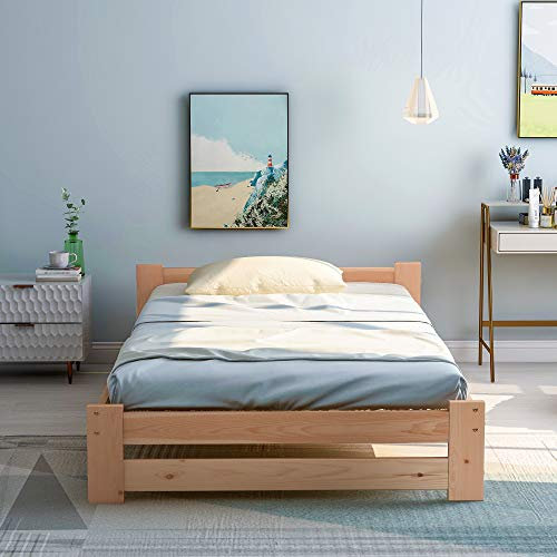 RanRan Cama futón de madera maciza maciza natural con cabecero y somier, natural (90 x 200 cm)