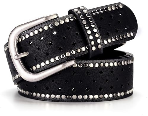 Jalach Cinturón con remaches para mujer, con agujero en estrella, cinturón ancho de piel, cinturón vaquero acortable, cinturón de piel con remaches