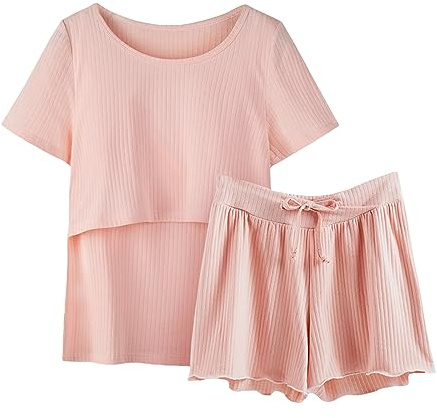 Nidddiv Pigiama Donna Con Abbottonatura Pigiama Maniche Pigiameria Allattamento Donne Camicia e Set T Baby Maternità Top Pantaloni Corti Maternità Abbigliamento Per Il Parto, Colore: rosa., M