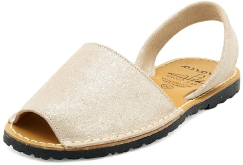Avarca Sandali da donna in pelle Menorquina Scarpe estive in pelle scamosciata micro glitter, Micro Glitter Beige, 39 EU
