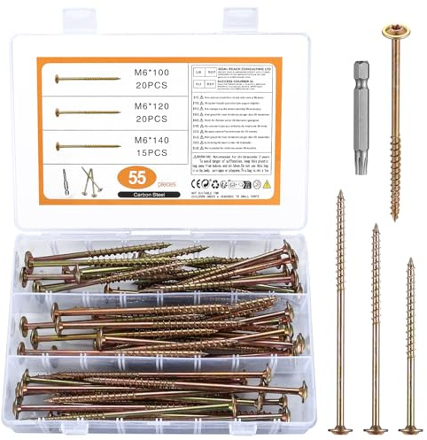 55 Piezas M6 Tornillos para Madera, Torx Tornillos Autorroscantes Multiusos, Set diTornillos de Cabeza Alomada para Construcción de Tejado Terrazas (55Pcs/M6 galvanizado)