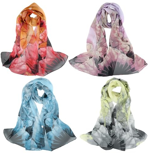 Husalsea Lot de 4 Foulard Femme, Echarpes Femme Polyester avec Imprimé de Lotus, Foulard Doux, Élégant, Taille 150 x 50 cm (Bleu clair, Jaune clair, Violet clair, Rouge)
