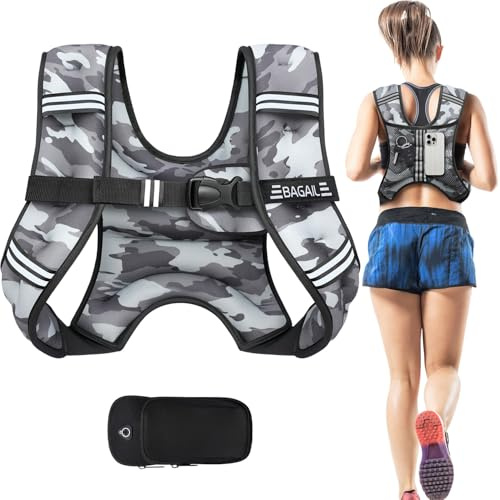 BAGAIL viktväst för styrketräning, 3 kg/5 kg/6 kg/8 kg/10 kg/12 kg viktväst med justerbar byststorlek, reflekterande rand och praktisk ficka, idealisk för träning, yoga och aerobics.