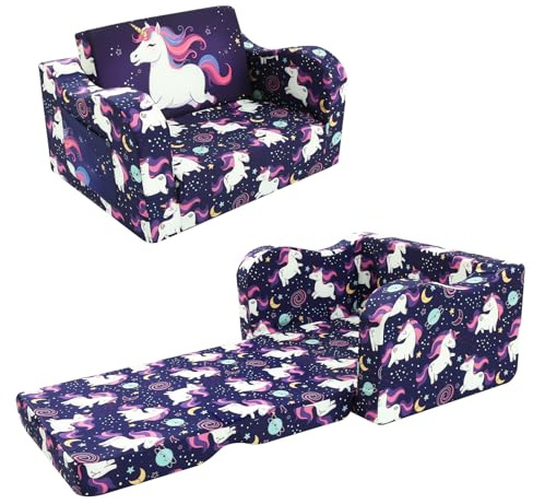 MeMoreCool Kids Sofa, Foldable Chair Comfy for Toddlers 1-3, Fold Out Couch 2-in-1 Sofa Bed, Baby Lounge ArmChair for Boys & Girls, Unicorn