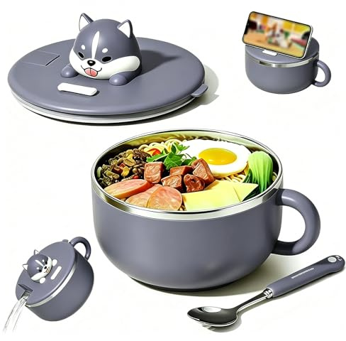 Omedelbar ramenskål 1 200 ml med lock och sked, omedelbar pastaskål med handtag, bärbar ramenkokare, mikrovågsugnssäker för bento, lunch, soppa, pasta (uppvärmning)