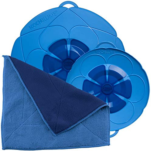 Kochblume Spar-Set für Töpfe von 14 bis 24 cm mit Microfasertuch als Set in der bunten Box | Silikon Überkochschutz für Töpfe und Pfannen (hellblau)
