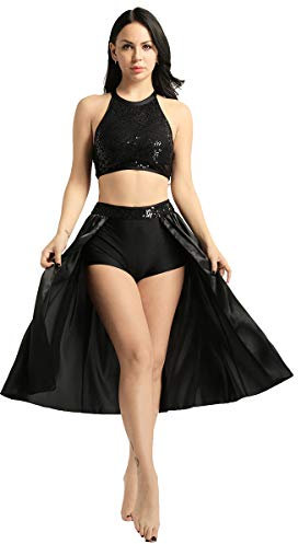 inhzoy Damen Pailletten Ballettkleid Ballettanzug Neckholder Crop Top mit Satin Ballettrock Zweiteiler Ballettbekleidung für Tanz Latein Tango Jazz Schwarz X-Large