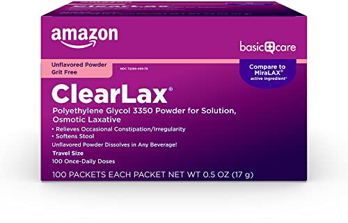 Amazon Basic Care ClearLax Polyethylene Glycol 3350 Powder for Solution, Osmotic Laxative, Softens Stool, Relieves Occasional Constipation, Unflavored, Grit-Free, Sugar-Free, 0.5 oz (Pack of 100)