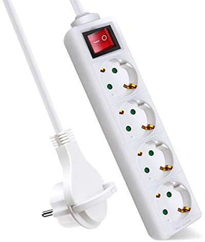 EXTRASTAR Steckdosenleiste 4-Fach, Flachstecker Mehrfachsteckdose mit Save Energy-Schalter, Flacher Stecker mit 1.5m Kabel, IP20, 16A, 3680W, Weiβ