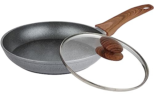 AEX Padella antiaderente in rame con manici in legno, adatta per piani cottura a induzione, elettrici e a gas, padella in pietra, padelle antiaderenti, padella in pietra (28 cm con coperchio)