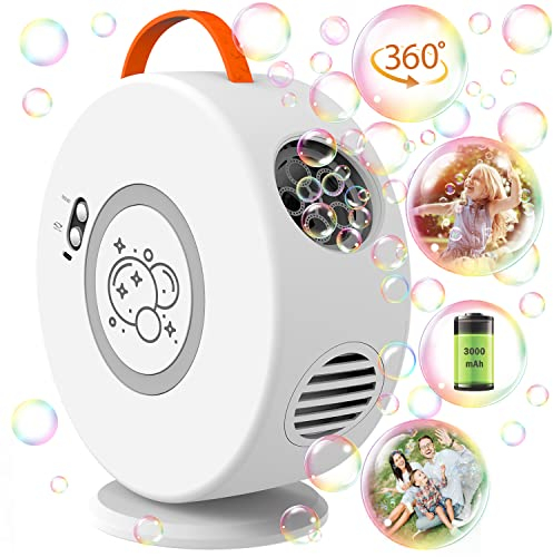 Seifenblasenmaschine Automatischer 90°/360°Drehbar, Tragbare Blasenmacher für Kinder, Professional Blasenmaschine, Elektrisches Blasenspielzeug für Outdoor/Hochzeit/Geburtstag Party Weiß