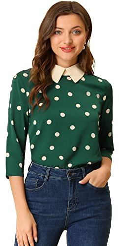 Allegra K Women's Polka Dot Top Casual Peter Pan Collar Blouse 3/4 Sleeve Tops Spring Summer Clothes X-Large Dark Green