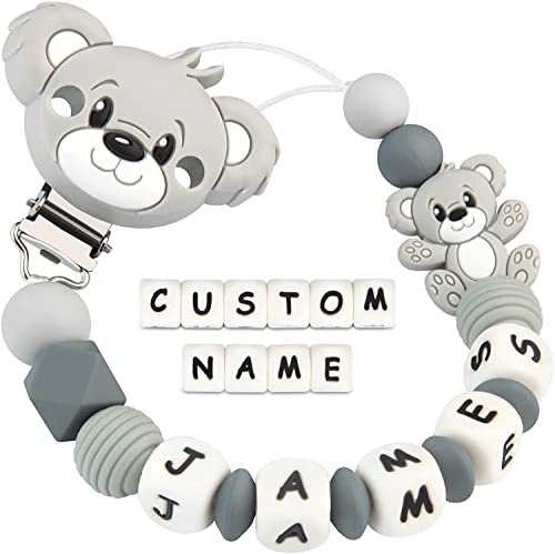 Dummy Clips Personalised Name for Boys Girls Soother Chain Teddy Bear Customized Pacifier Holder(Grey)