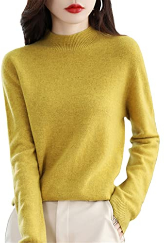 100% Pure Merino Wool Mock Neck Pullover Cashmere Seamless Sweater Woman Knitted Jumper Tops Mustard Yellow XL