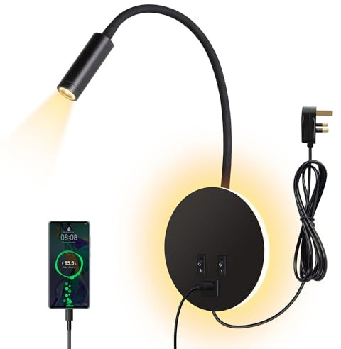 ERWEY Bedside Wall Lamp, LED Reading lamp,Wall Mounted Reading Light 3000K (3W+8W) with Switch and USB Charging, Wall Spotlight 360° swivelling gooseneck with Plug and Cable for Bedroom, Black