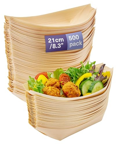 MATANA 500 Large Wooden Bamboo Boats for Appetizers & Finger Foods, 21x11cm - Disposable Bowls for Canape, Sushi, Snacks - Eco-Friendly & Biodegradable for Weddings, Birthdays, Parties