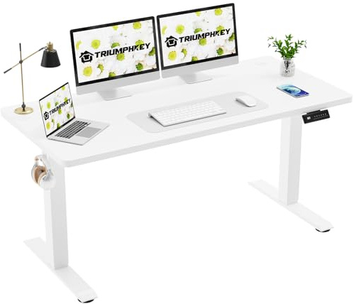 TRIUMPHKEY 140x60cm Escritorio Elevable Eléctrico con Tablero,Panel Control con 4 Funciones Memoria,Mesa Altura Ajustable de Gancho y Gestión de Cables para Oficina y Hogar Blanco