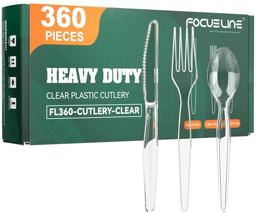 FOCUSLINE 360 Count Clear Plastic Silverware, 120 Forks, Knives and Spoons Each, BPA-Free, Heavy Duty Disposable Cutlery Set, Premium Disposable Flatware Plastic Utensils for Party Everyday Use
