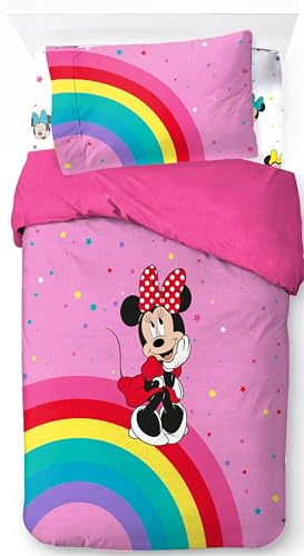 Jay Franco Disney Minnie Mouse Rainbow 100% Cotton 3 piece Single Bedding Set - Includes Duvet Cover, Fitted Sheet & Pillowcase