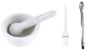 Set di mortaio e pestello in ceramica, 8,1 cm, tritapillole, ciotole in porcellana, macinaspezie, set di ciotole in ceramica, con spazzola e cucchiaio in acciaio inox